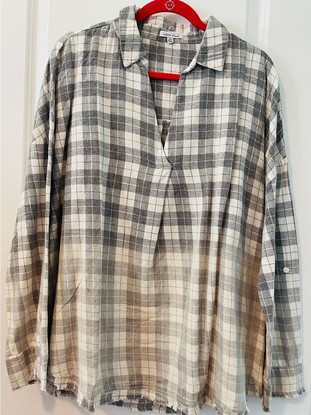 white birch women’s Plaid Button-Down Shirt in Gray and Cream